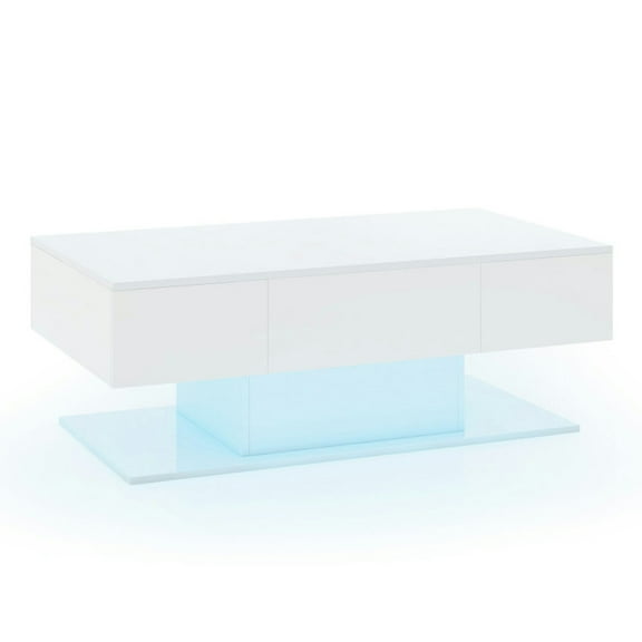 YYAo Coffee Table Butcher Block Top Large Accent Table,Modern LED Coffee Table with 20 Color LED Lights and 2 Storage Drawers-White