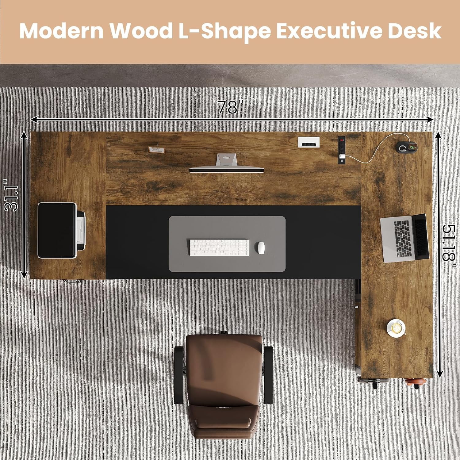 78" Executive Desk with Lockable File Cabinet, L Shaped Executive Desk with Power Outlets, Reversible Computer Desk with Drawers, Storage Shelves and Privacy Screen, Rustic Brown