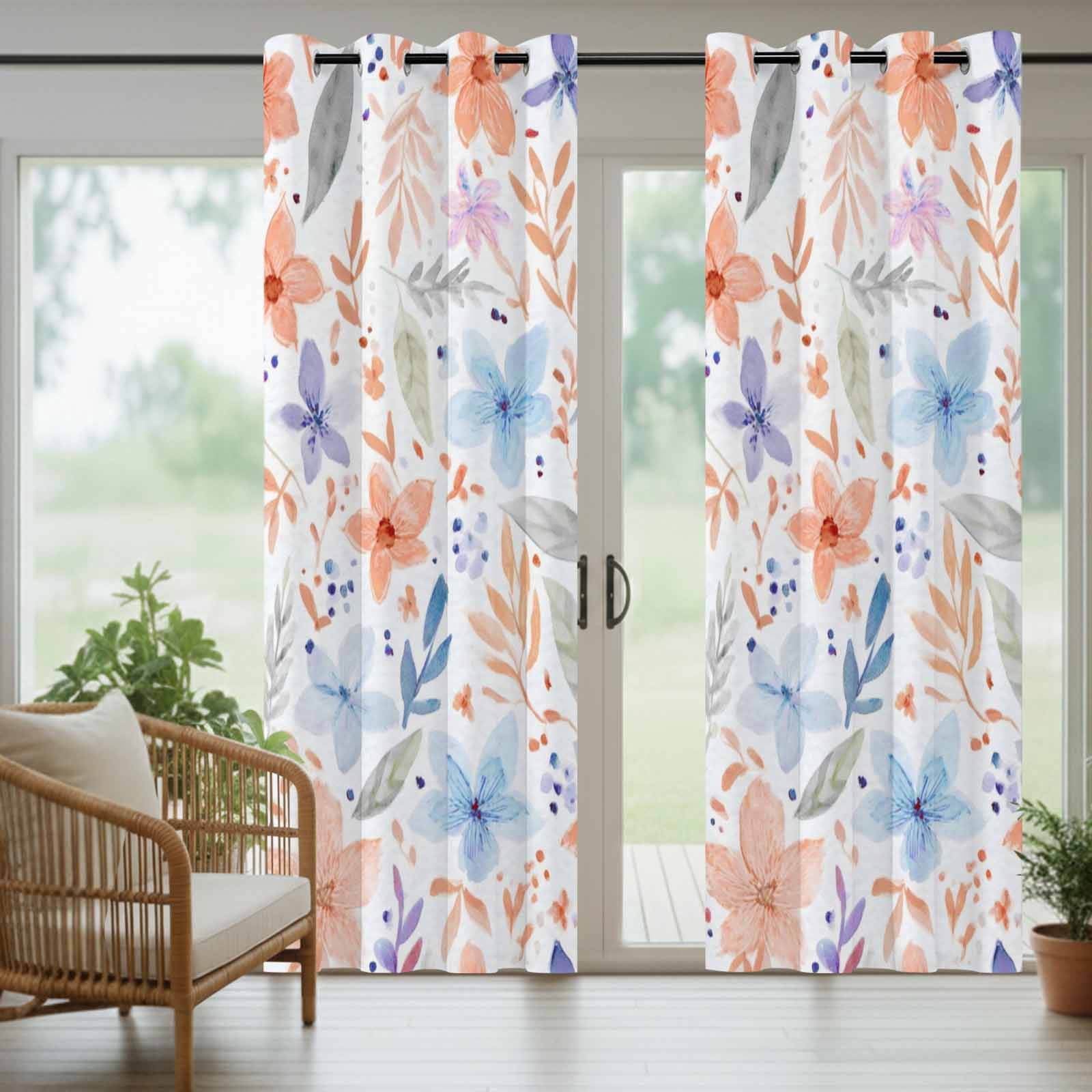 Blue Pink Floral Outdoor Curtains for Patio, Boho Light Blue Pink Flowers Leaf Sunshade Privacy Drapes Grommet Waterproof Outside Curtains for Porch/Cabana/Balcony 54"x 108", 1 Panel