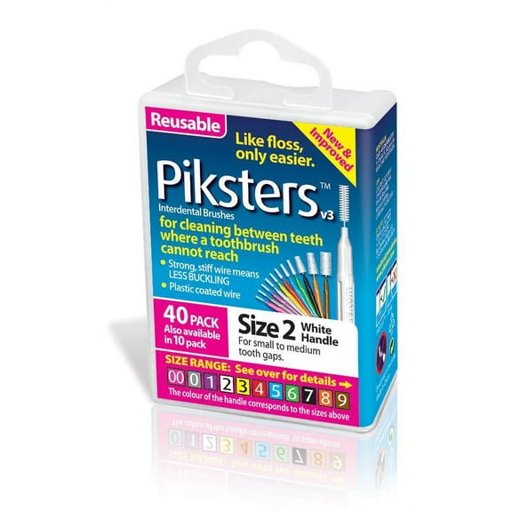 Piksters 40 Pack Interdental Brushes Size 2 White Reusable For Cleaning Between Teeth