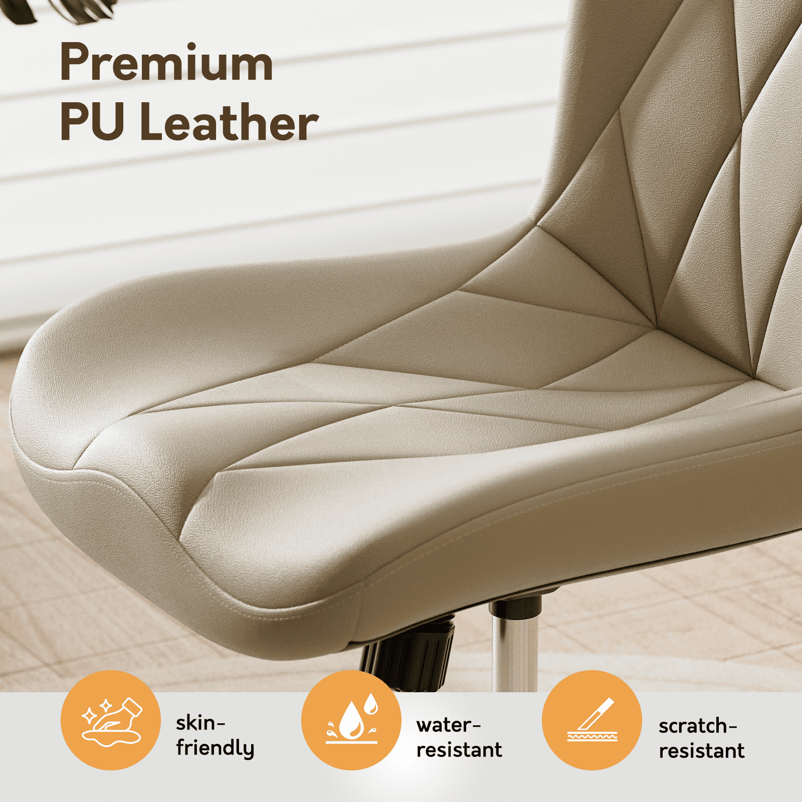 HomeZeer Space Saving Armless Office Chair with Wheels, Adjustable Height PU Leather Swivel Computer Task Chair, Soft Padded Mid Back Vanity Chair Design for Home Office & Small Spaces, Beige
