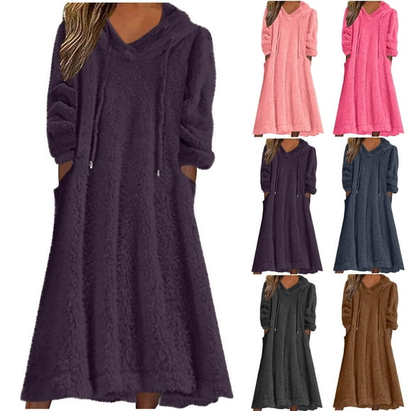 Lcziwo Plus Size Fuzzy Hooded Nightgowns for Women Sherpa Warm Sleepdress Long Sleeve Drawstring Nightdress with Pockets Hot Pink,XXXXL