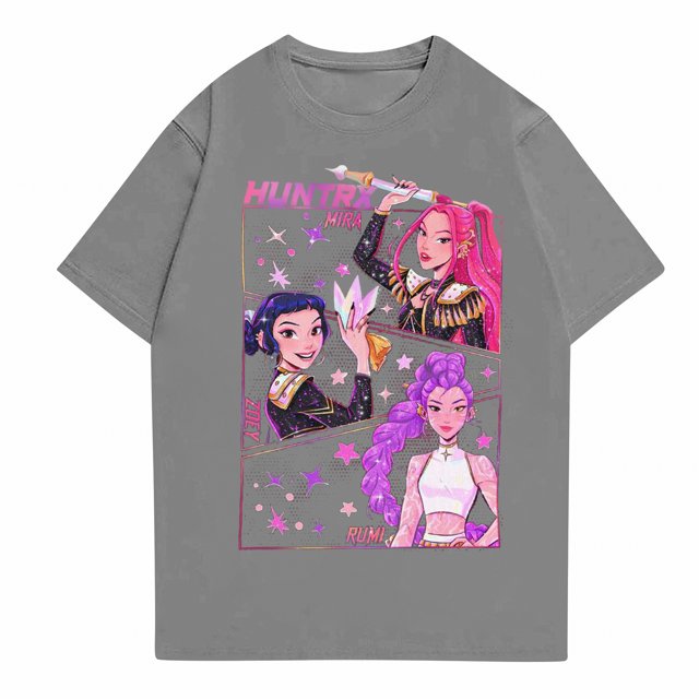 Pop cazadora para niña Round-Neck Printed Anime Trio Poster T Shirt (Light Gray)