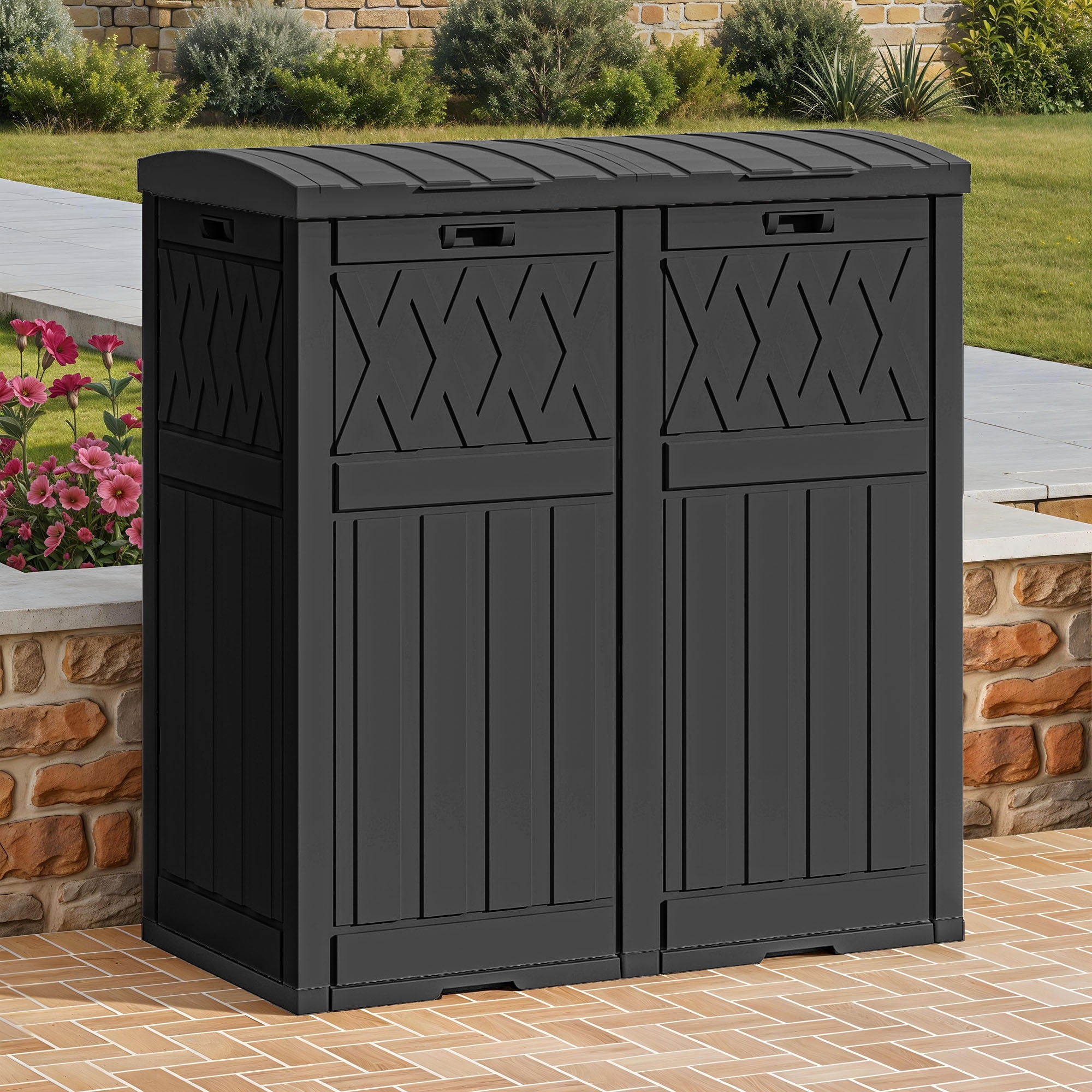 Dextrus 76 Gal Resin Outdoor Garbage Bin, Dual Can Design, Tiered Lid & Drip Tray, Black