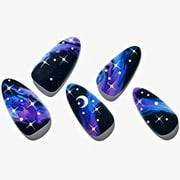 GLAMERMAID Black Press on Nails Medium Almond, Dull Blue Ombre Short Fake Nails Acrylic False Nail Kits Galaxy Star Design, Matte Stick Glue on Nails Sets, Oval Gel Nails Reusable Full Cover for Women