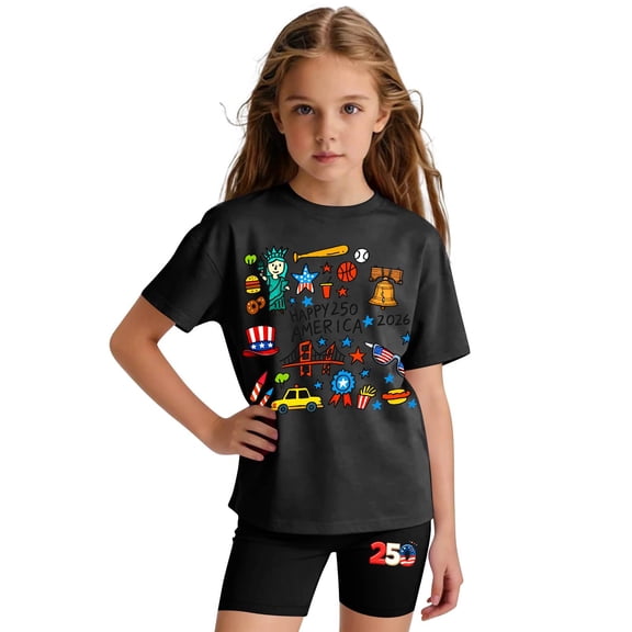 CCRFTGI 250th Anniversary Summer Outfits for Kids Girls Size 10-12 2 Piece Outfits Patriotic Happy America 250 T Shirt and Biker Shorts July 4th Celebration Activewear Black 3-4 Years