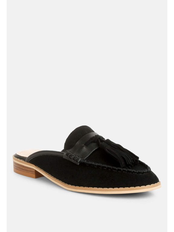 EDMANDA Tassle Detail Leather Mules in Black