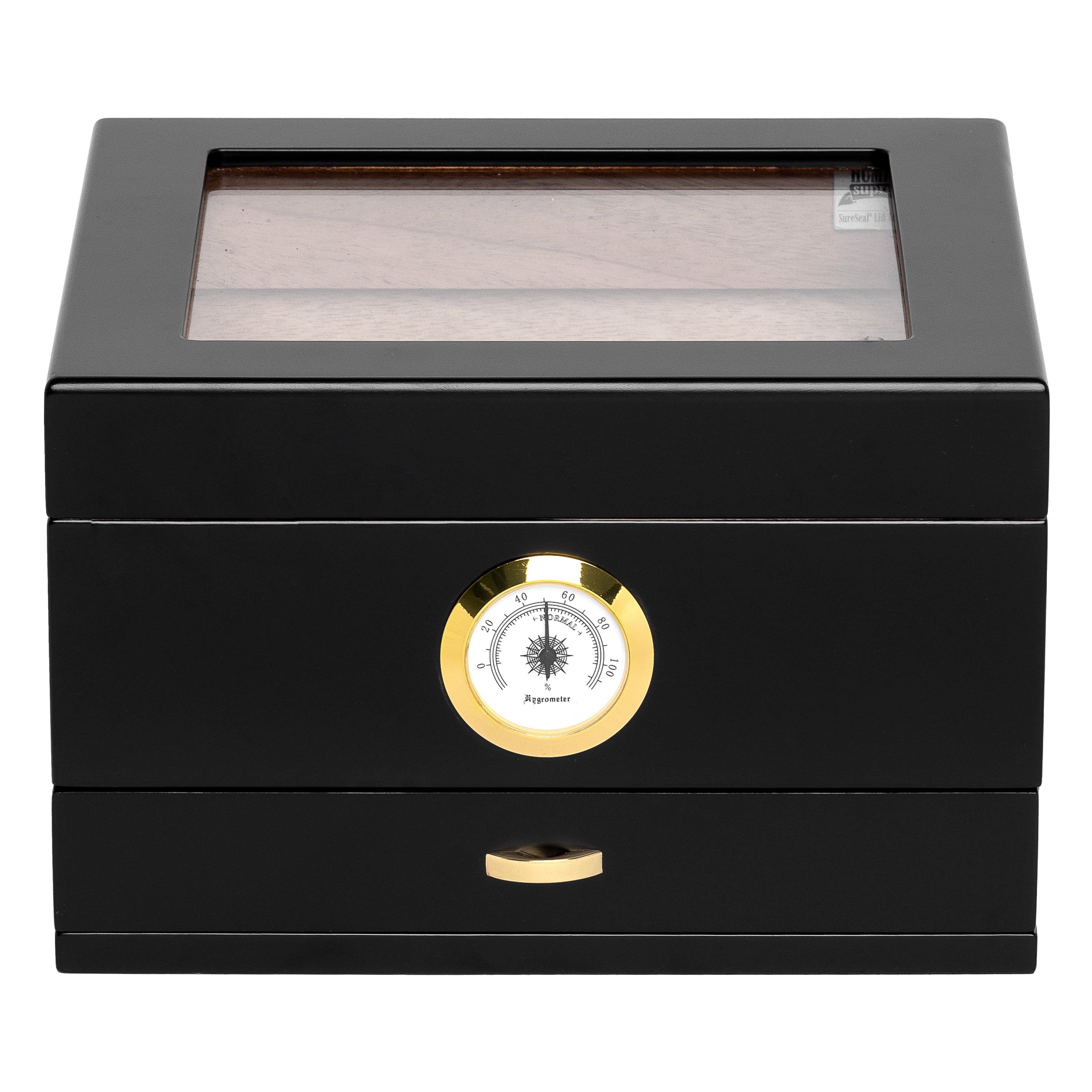 Humidor Supreme Mini Capri Glasstop with Drawer, Black, Hygrometer, 25-48 cigar