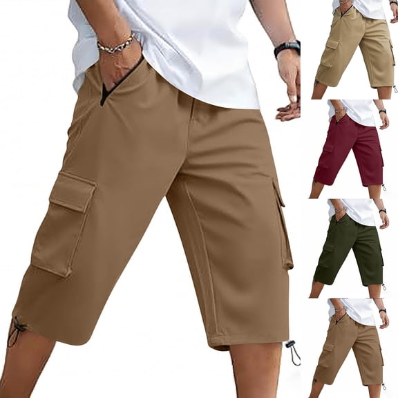 Axiiglly Cargo Shorts for Men Drawstring Elastic Waist Zipper Pockets Below Knee Twill Chino Hiking Shorts, S-2XL