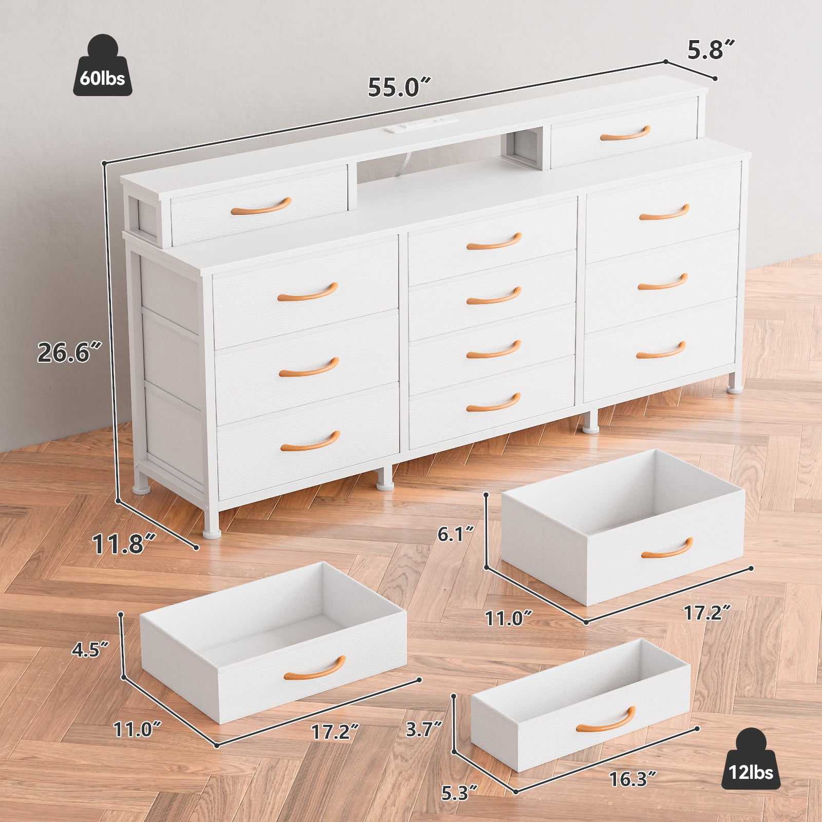 Tydimor Modern Dressers for Bedroom, Wide Chest with 12 Fabric Drawers for Living Room, White