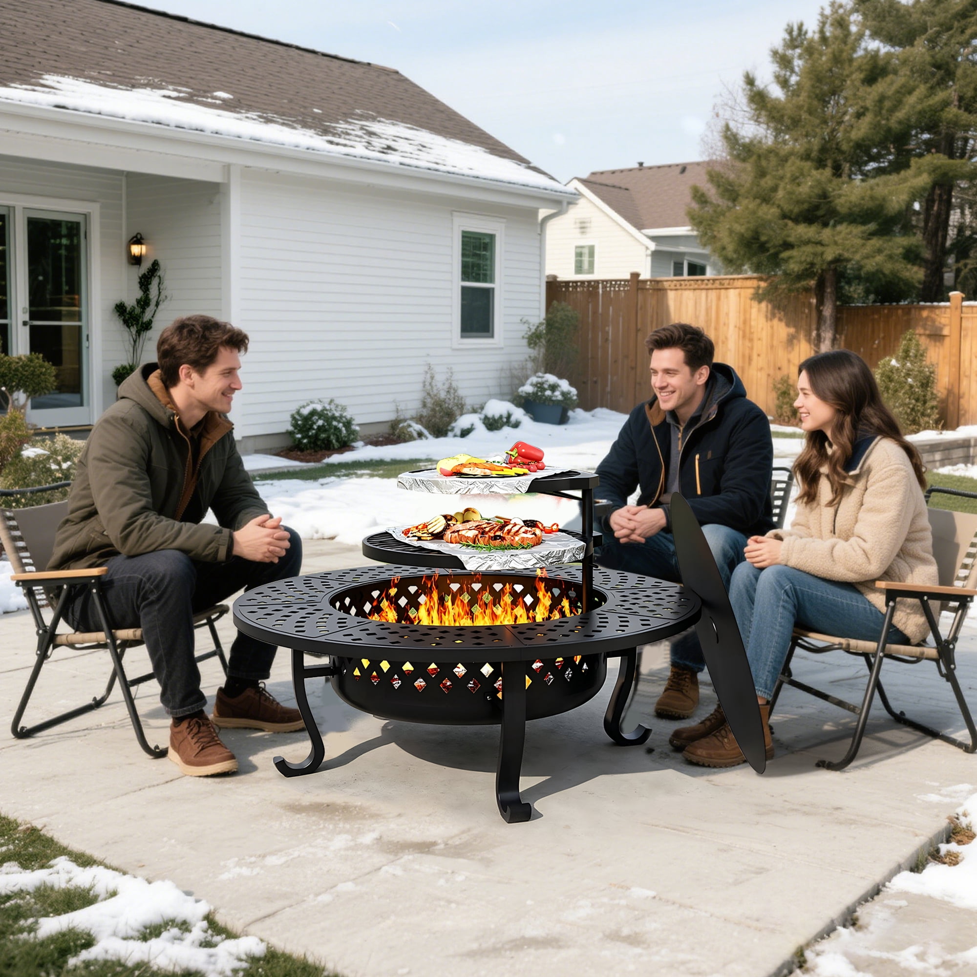 ZIENLIFE 43" Large Fire Pit with 2 Grill, Outdoor Wood Burning Firepit with Lid & Poker, Metal Round Table for Patio, Backyard, Picnic, Camping, Black