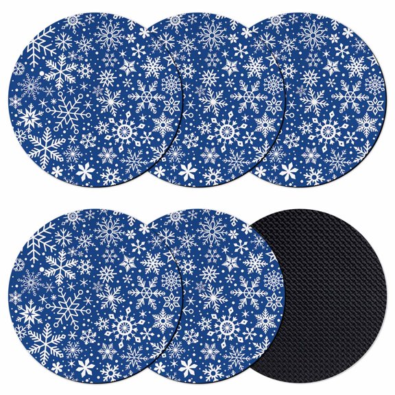 Blue Christmas Coasters Set of 6, Absorbent Coasters for Drinks, Snowflakes Xmas Winter Vintage New Year Coaster for Desk Coffee Table Protection, Home Decor House Warming Gifts 4"