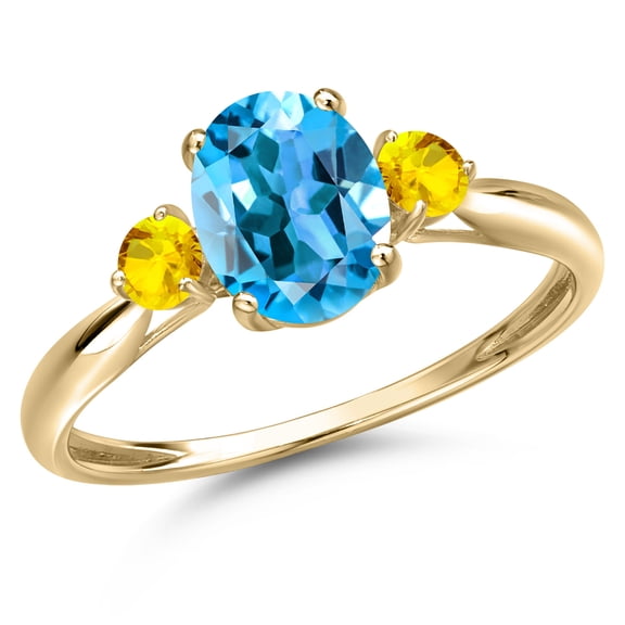 Gem Stone King 10K Yellow Gold Swiss Blue Topaz and Yellow Sapphire 3-Stone Ring for Women | 1.77 Cttw | Oval 8X6MM | Gemstone November Birthstone | Size 8