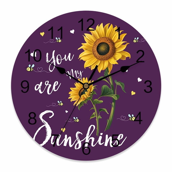 Wall Clock You Are My Sunshine Clocks PVC Silent Non-Ticking Battery Operated Decorative Bee Heart Floral Purple Round Clock for Home Living Room Kitchen Bedroom Office School Wall Decor 10 Inch