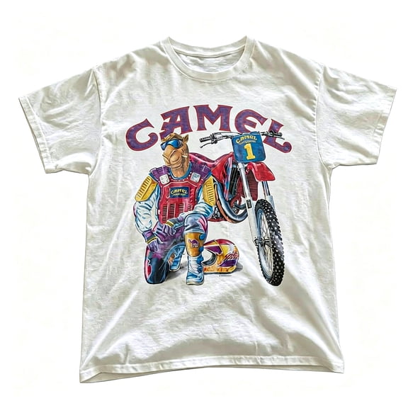 Men's Vintage Camel Motocross Graphic T-Shirt Cotton White Short Sleeve Crewneck Oversized