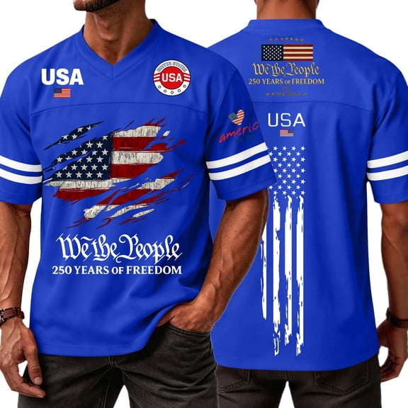 Men's 250 Anniversary T-Shirt 1776 2026 Patriotic American Flag Freedom Shirts Short Sleeve V Neck Shirt Blue M