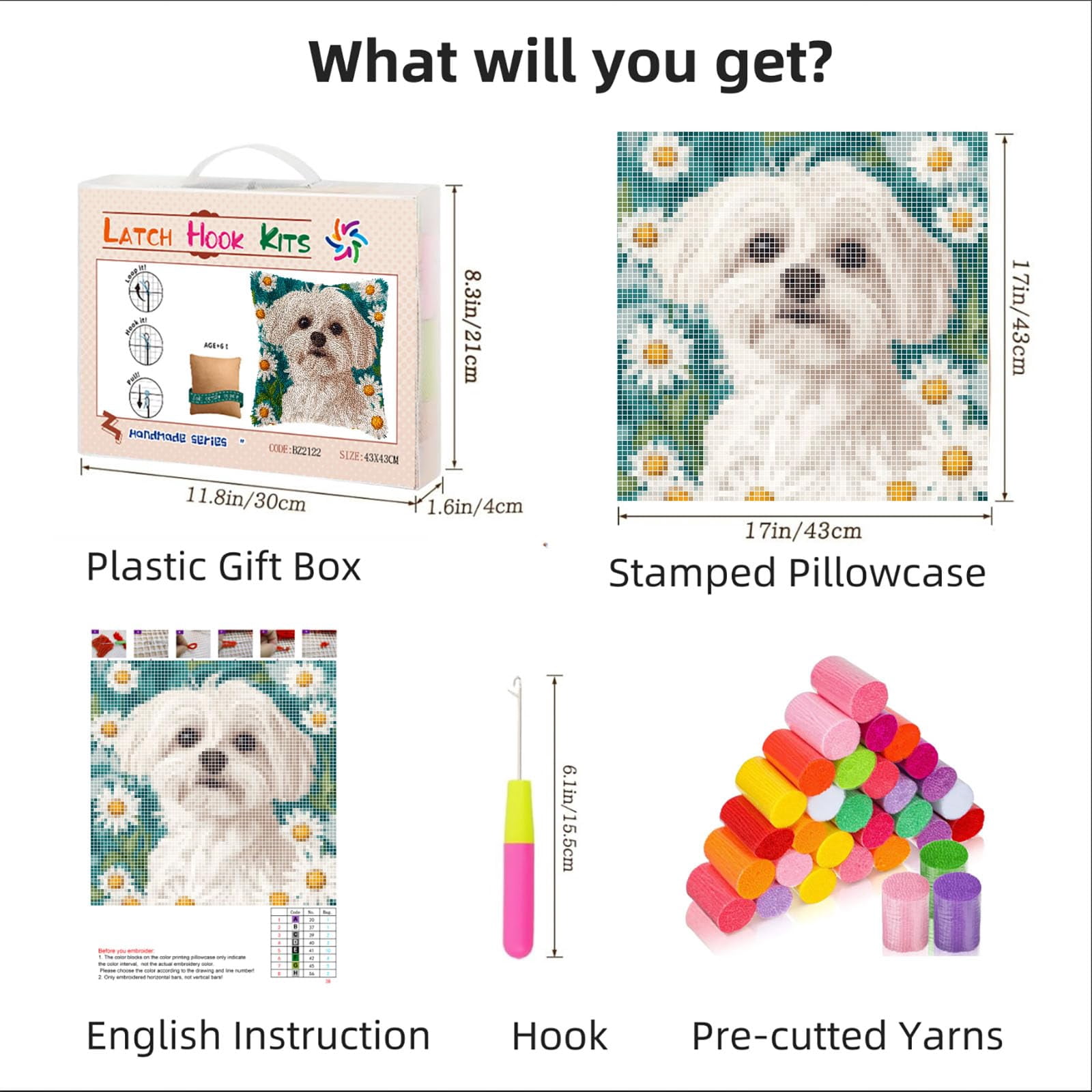 DIY Latch Hook Pillow Kits for Adults Cute Maltese Dog in Daisy Flowers Printed Pillowcase Crochet Yarns Hooking Handmade Pillow Cover Cushion for Home Sofa Decor 17x17inch(4)