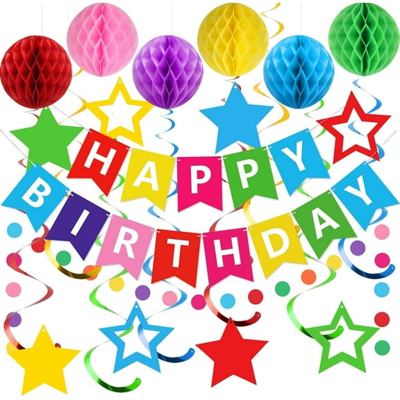 Jestar Colorful Birthday Decorations Kit with Banner, Honeycomb Balls & Streamers - Rainbow Party Supplies Decor Theme