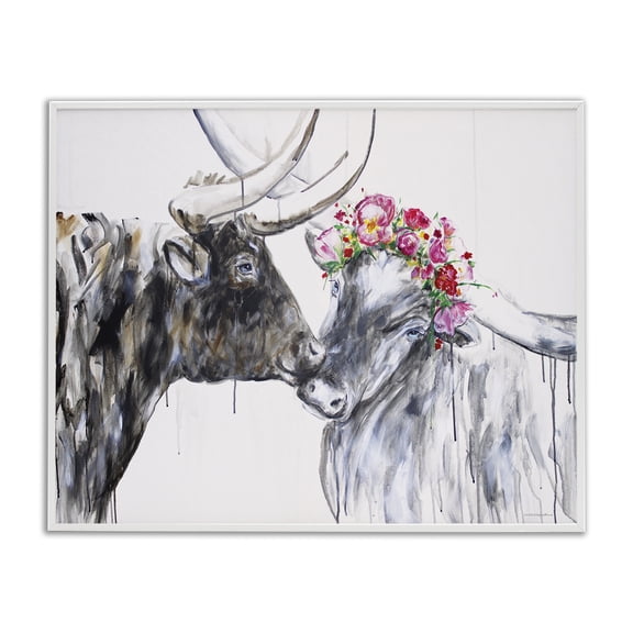 Stupell Industries Farmhouse Country Cattle Kiss Abstract Rustic Farm Animal Couple White Framed Giclee Art, 14 x 11, by Kamdon Kreations