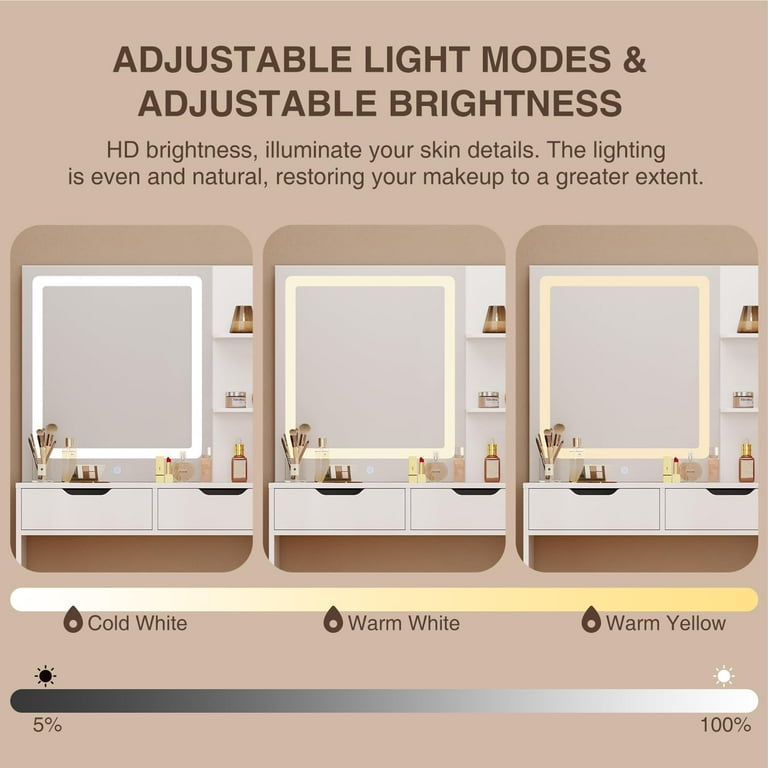 43 Inch Makeup Vanity Desk With Mirror & 10 LED Lights - White Table With 5 Drawers & Shelves For Bedroom