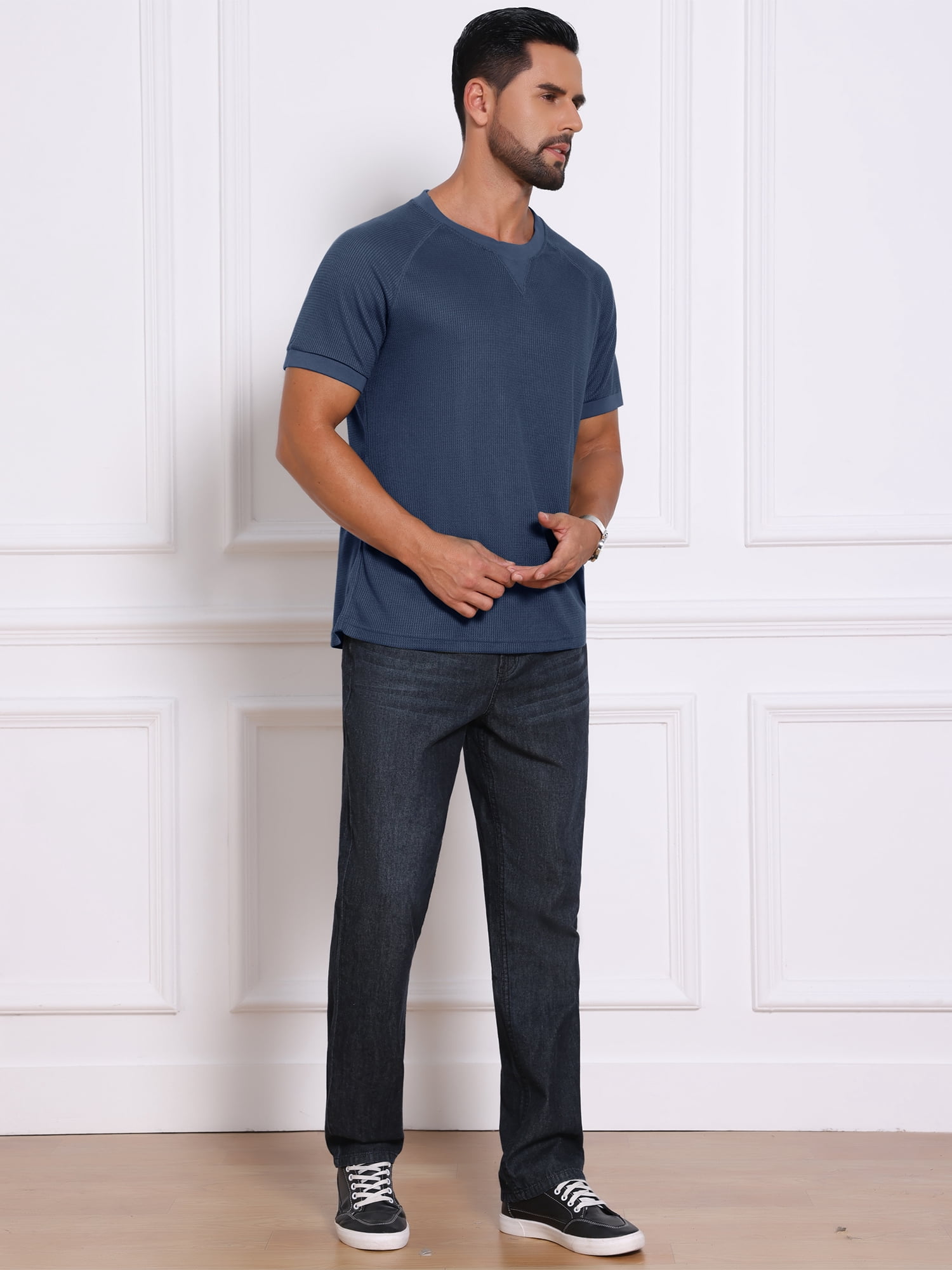 DARING DIVA Men's Waffle Fabric Classic Crew Neck Raglan Short Sleeves 2XL Navy Blue