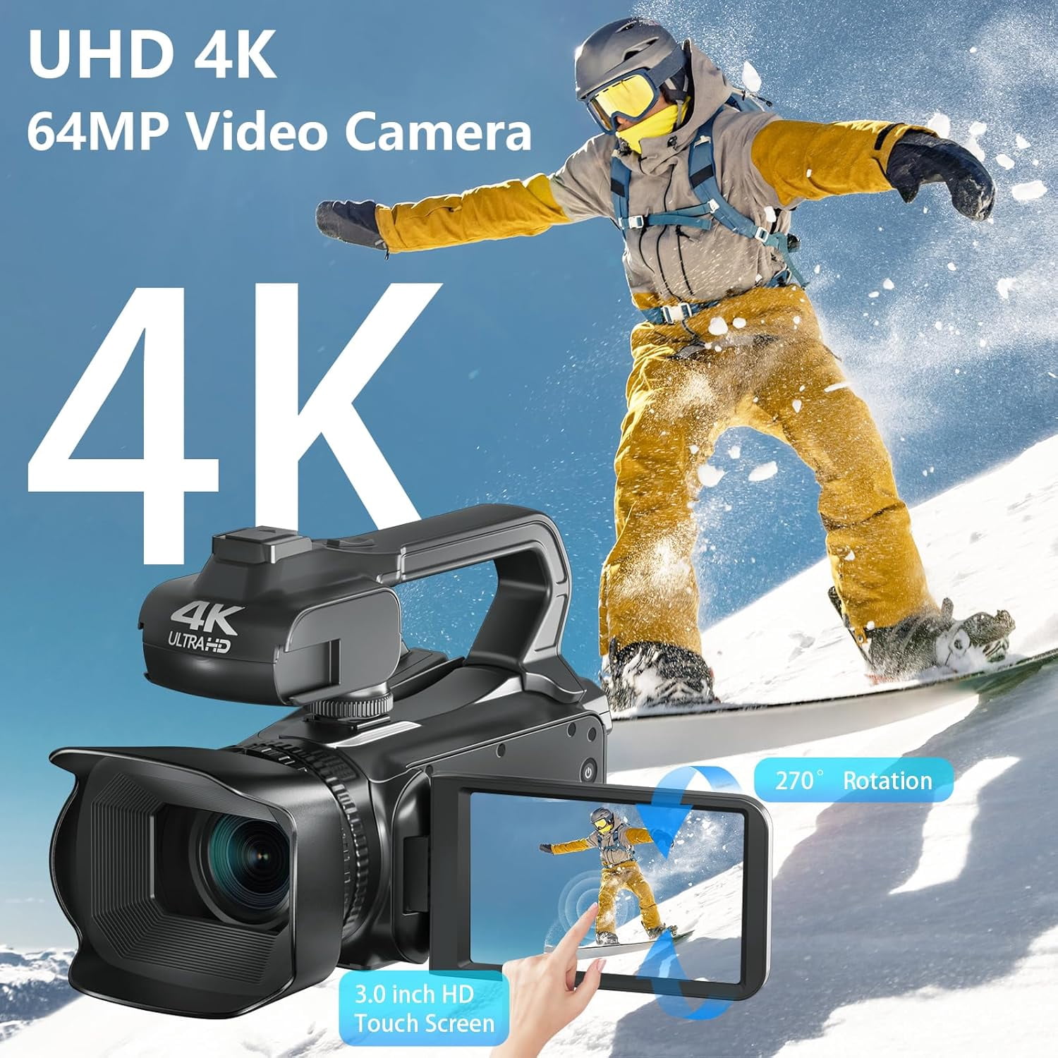 Acuvar 6K Video Camera Camcorder, 64MP 60FPS Vlogging Camera for YouTube, 4.0 Inch Touchscreen Video Recorder, HD WiFi Video Camera with 4500mAh Battery, 64G SD Card, Stabilizer, Mic, 100 LED Light