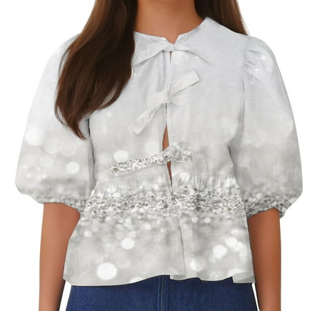 ameIAEA Womens Lace Up Front Tops Summer Puff Sleeve Cute Blouses Print Babydoll Shirts 2024