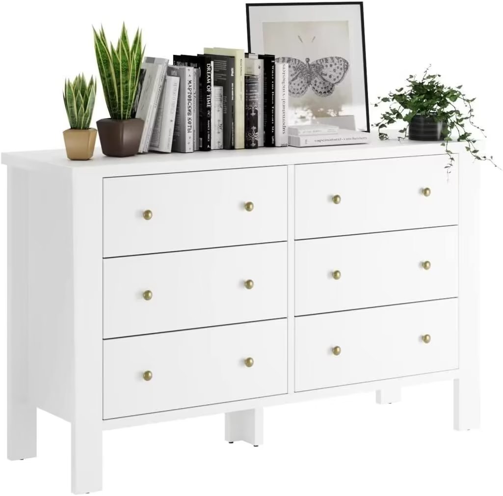 Chest Dresser, Modern White Dresser with 6 Wood Drawers and Round Shape