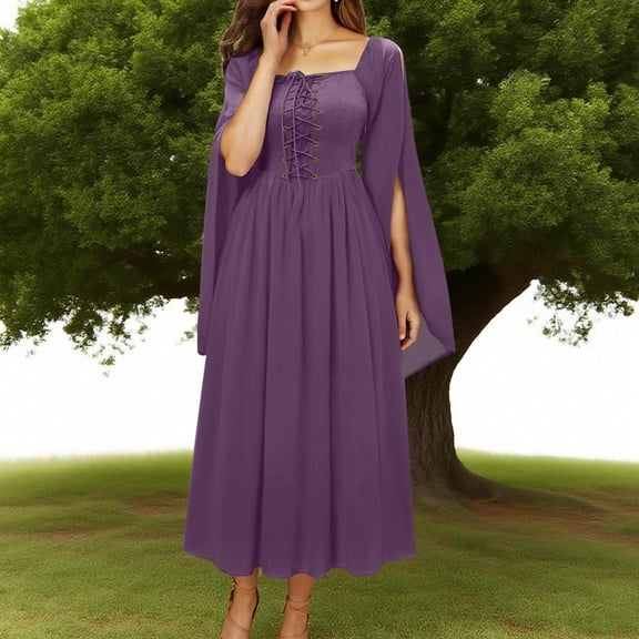 Wiyuqeen Renaissance Costume Women Lace Up Split Bell Sleeve Medieval Dress Square Neck Flowy Mesh Maxi Dress Evening Prom Gown