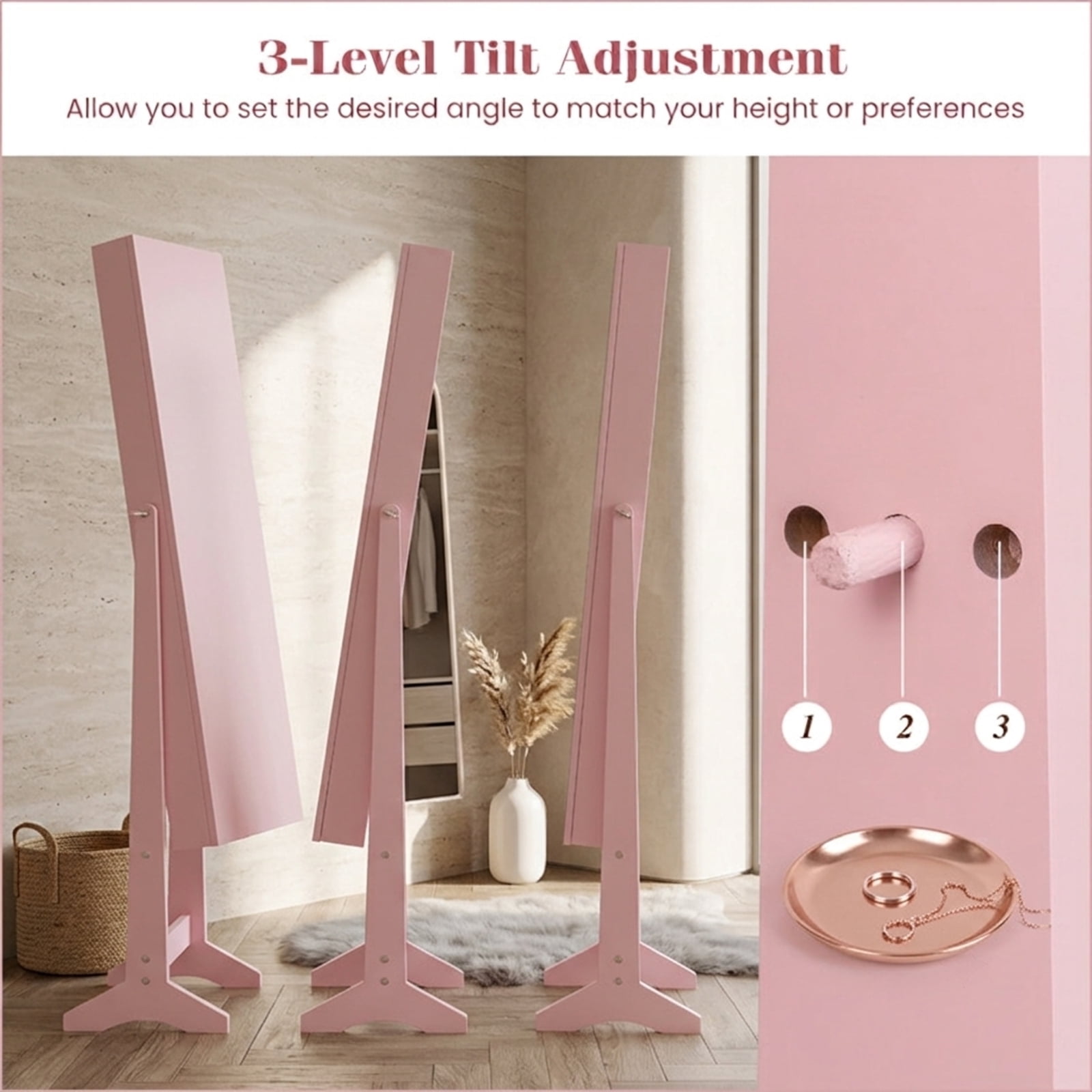 Furnibear Mirrored Standing Jewelry Cabinet Storage Box for Bedroom Dressing Room Jewelry Necklace Rings Storage Mirror, Pink