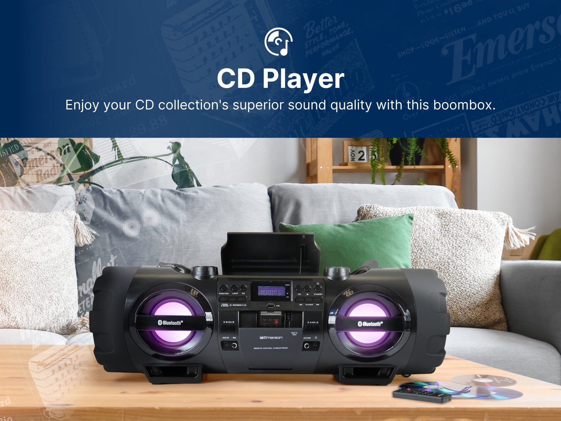 Emerson EPB-3001 Dual Subwoofer Bluetooth Boombox, Black