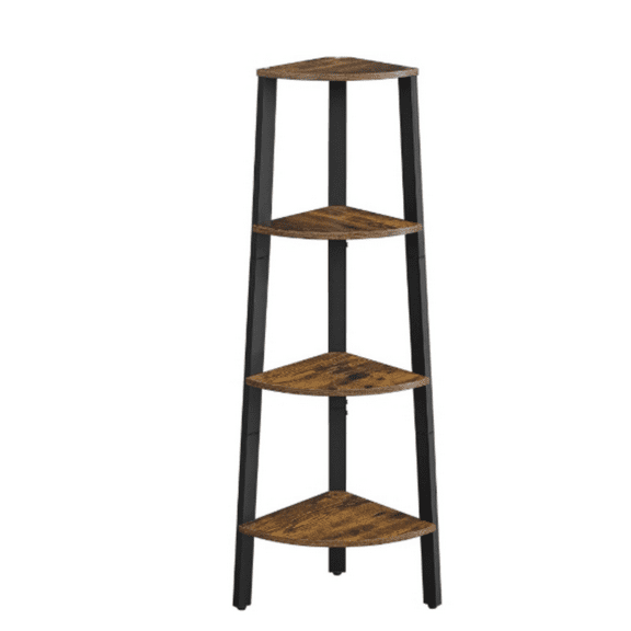 Corner Shelf Stand, 4-Tier Corner Bookshelf, Industrial Corner Ladder Shelf, Plant Stand Display Shelf for Living Room, Office, Kitchen, Rustic Brown and Black