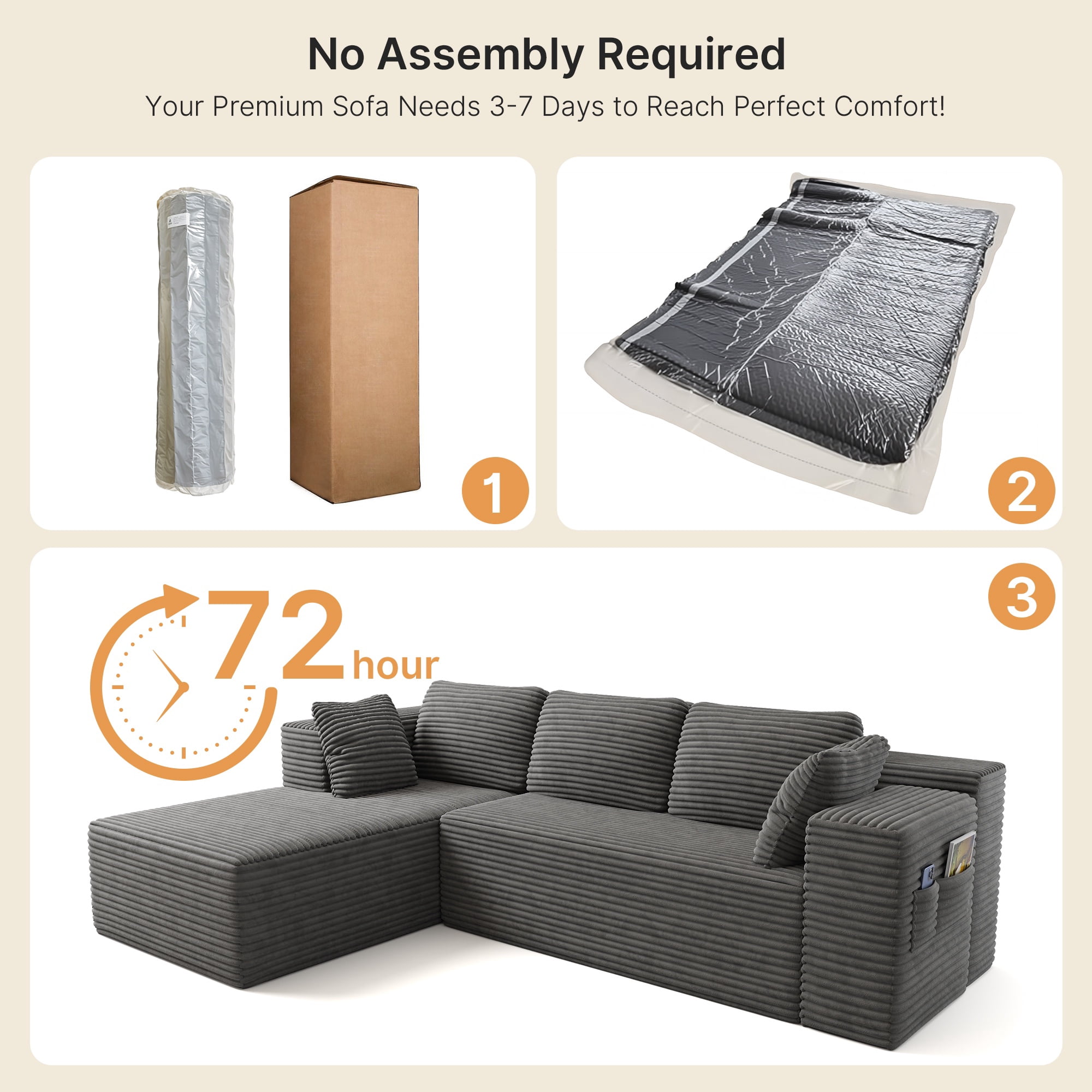 Cloud Sofa, 105" Couches for Living Room, L-Shaped Modular Sectional, No Assembly Boneless Deep Seat, Gray Corduroy