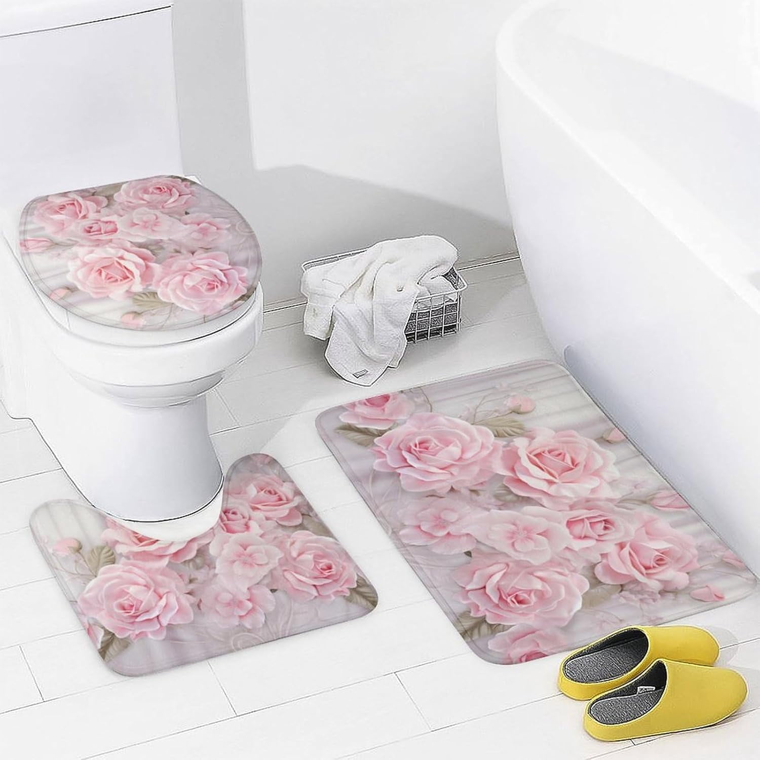 Pink Romantic Roses Shower Curtain 4 Piece Sets with Non-Slip Rugs,Toilet Lid Cover and Bath Mat Modern Flower Plants Floral Waterproof Shower Curtain with 12 Hooks Bathroom Set Home Decor