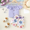 thumbnail image 3 of Mikrdoo Little Girls Outfits Short Sets Lotus Leaf Collar Straps Solid Color Tops Elastic Floral Print Shorts 2Pcs Summer Clothing 6 Years Purple, 3 of 9