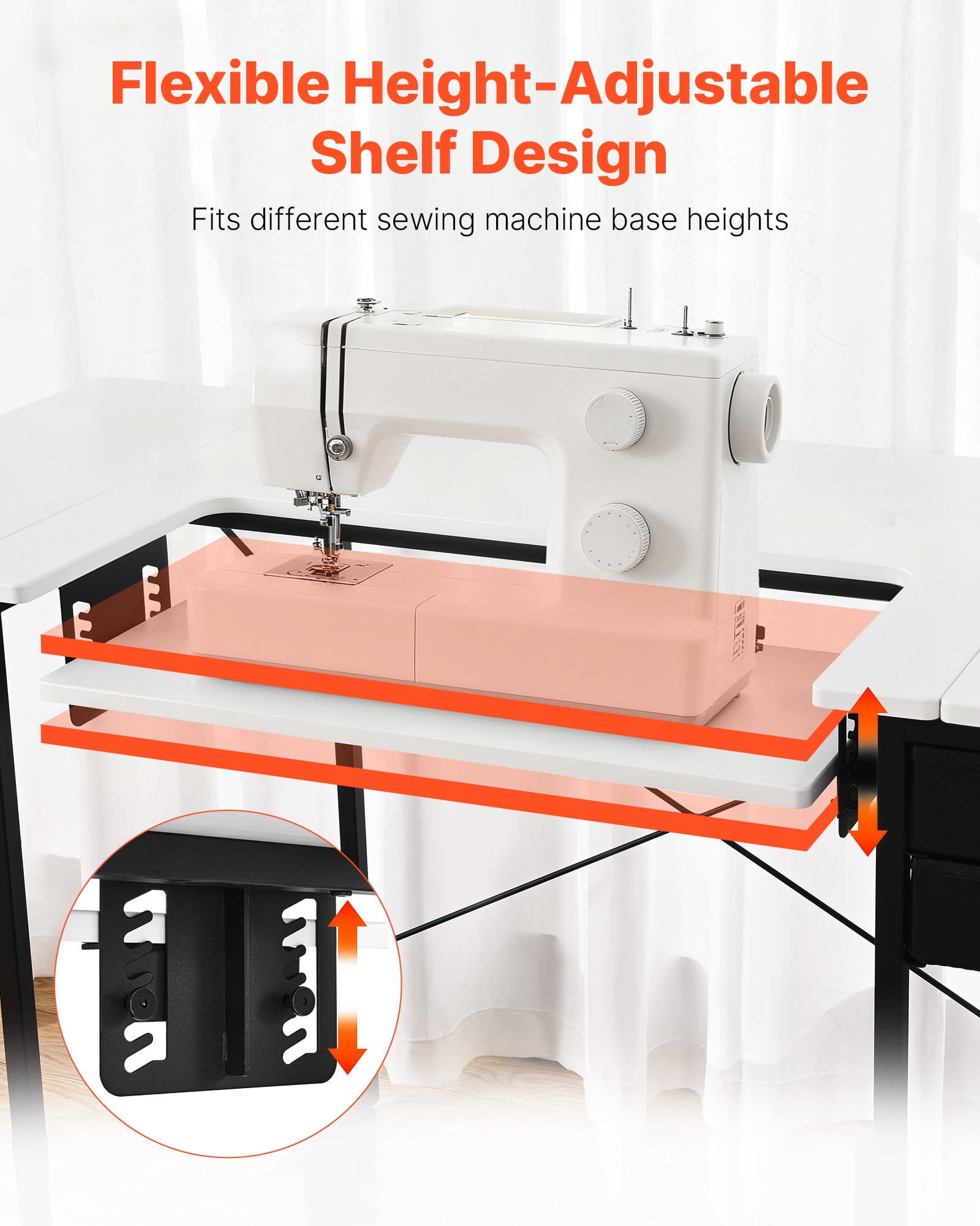 VEVOR Sewing Table, Multipurpose Sewing Machine Table with Drawers, Foldable Side Shelf, Adjustable Shelf, Steel Legs, Computer Desk for Home, Fashion Studio, Art Studio, Educational Institution