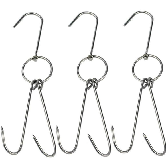 TIHOOD 3 PCS 9.4" Stainless Steel Double Meat Hooks Roast Duck Bacon Shop Hook BBQ Grill Hanger Cooking Tools Accessories (9.4" X3)