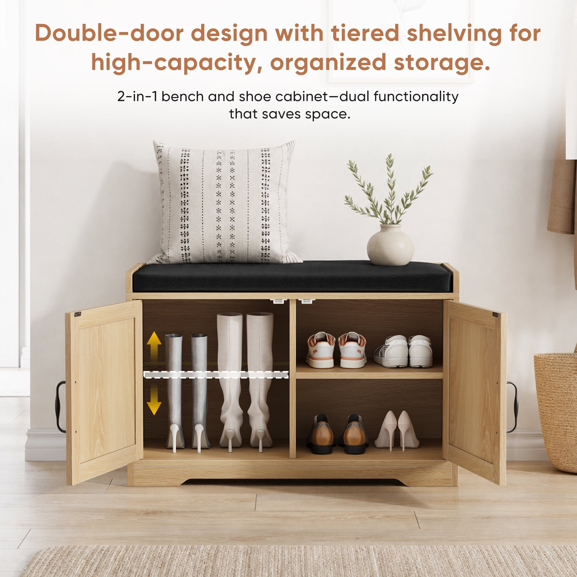 31.5 Inch Oak Finish Entryway Shoe Storage Bench with Double Slatted Doors & Upholstered Cushioned Seat, MDF Hallway Shoe Organizer Bench for Foyer Walk-In Closet