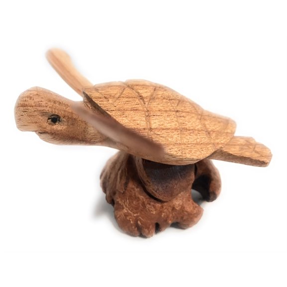 Swimming Sea Turtle w/ Driftwood Base 5"H X 5"W - Carved | #non0410