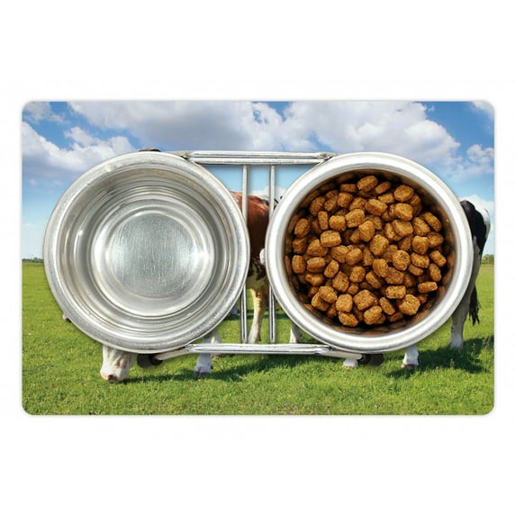 Cattle Pet Mat for Food and Water, Various Colored Herd of Cows Grazing on Pasture Nature Themed Digital Image Print, Non-Slip Rubber Mat for Dogs and Cats, 18" X 12", by Ambesonne