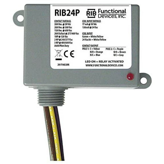 Functional Devices RIB24P Enclosed Relay, 20 Amp Dpdt with 24 Vac/Dc Coil