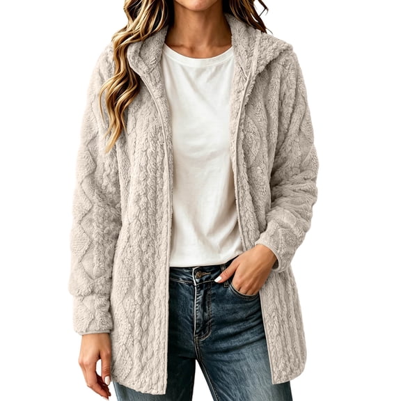 Fnooota Womens Hooded Fleece Jackets, Full Zip Long Sleeve Warm Mid-Length Fall Winter Outerwear Beige Size S-2XL