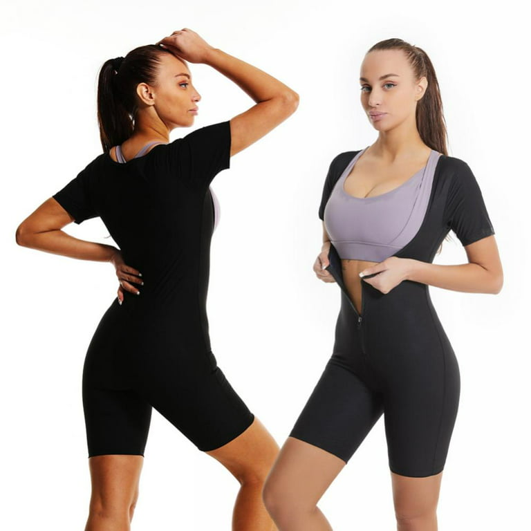 Sauna Suit for Women Sweat Vest Waist Trainer 3 in 1 Slimming Full Body  Shaper Workout Top with Sleeve Shorts 