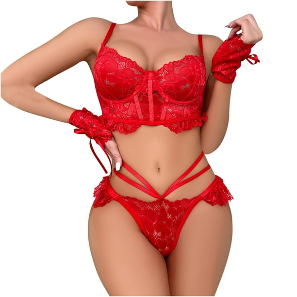 LSLJS Ladies Fashion Large Size Sexy Lingerie Lace Embroidery Mesh Hollow  Sexy G-string Thong Suit, Lingerie Sets on Clearance 