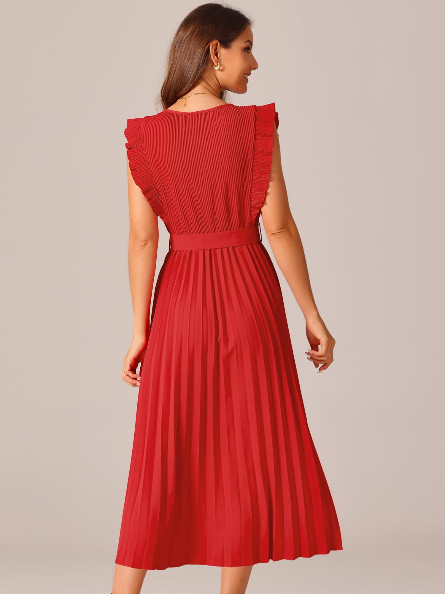 DARING DIVA Women's Ruffle Sleeveless Midi Dress with Tie Waist Belt 2XL Red