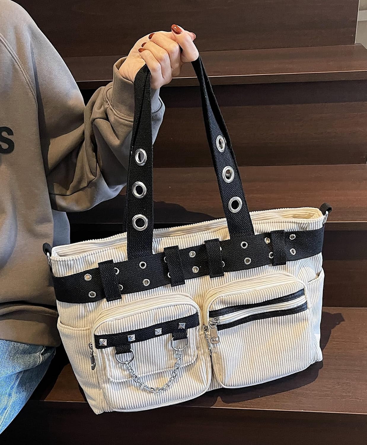 Corduroy Tote Bag Goth Bags for Women Large Gothic Goth Purse for College Work Office Travel
