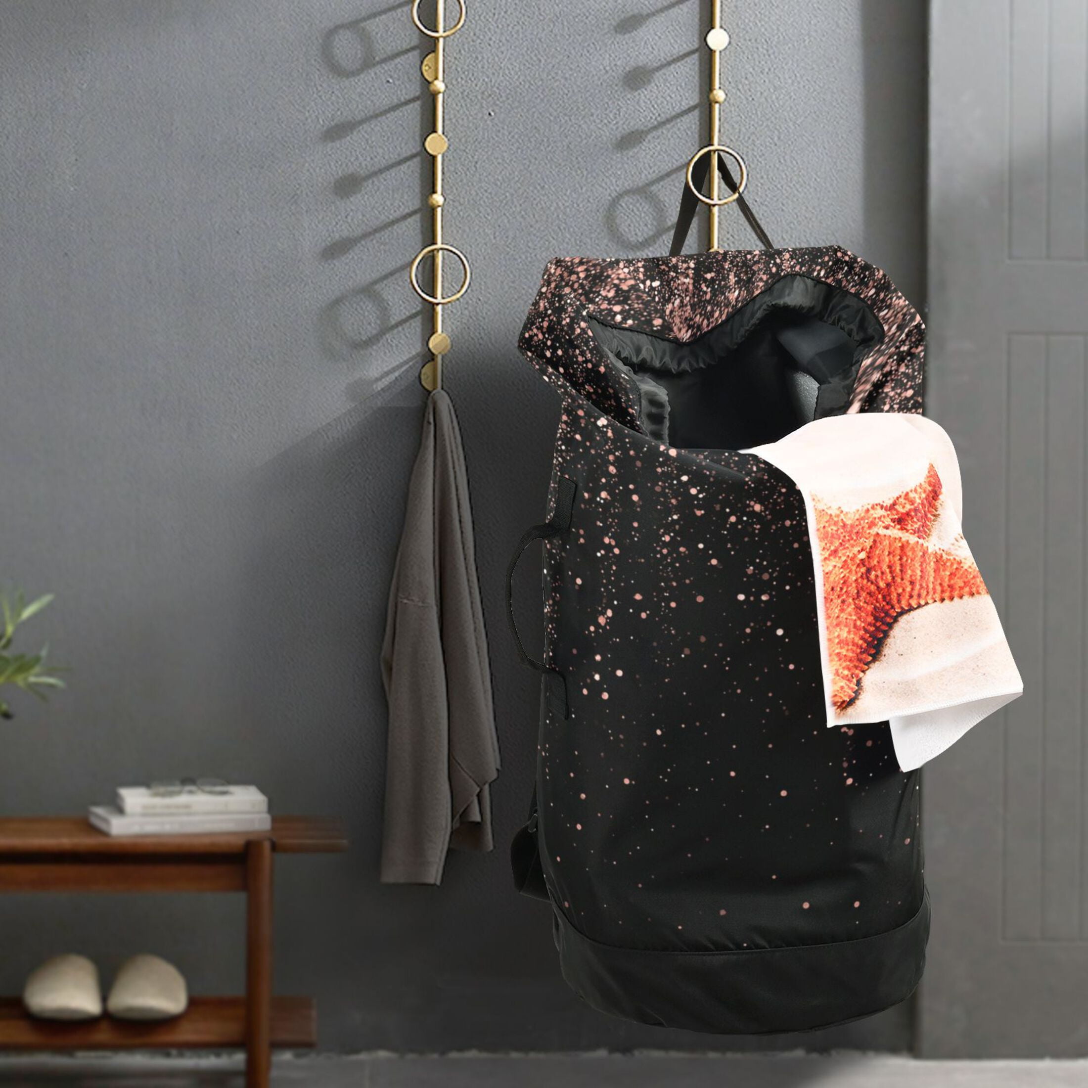 14.5x29.3in Laundry Backpack Bag with Drawstring & Adjustable Straps Heavy-Duty Wash Bag for Travel Storage Camping Rose Gold Glitter