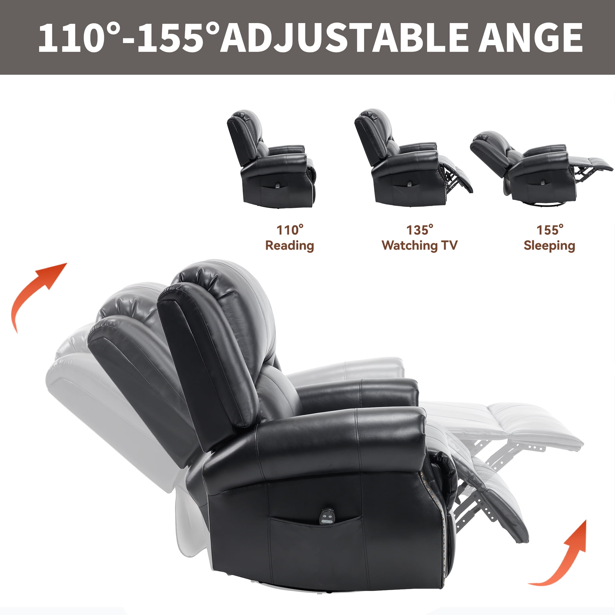 Leumius Oversized Swivel Recliner Chair for Adults,Swivel Rocker Recliner with Vibration Massage and Lumbar Heating for Living Room,Rivet Design,Black
