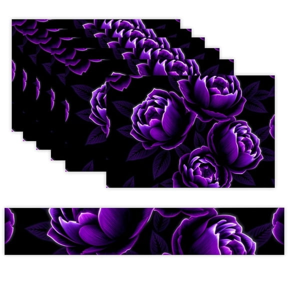 7 Piece Linen Table Runner and Placemats Set, Purple Neon Roses Round Corner Heat Resistant Washable Table Mats for Home Kitchen Dining Party Decoration