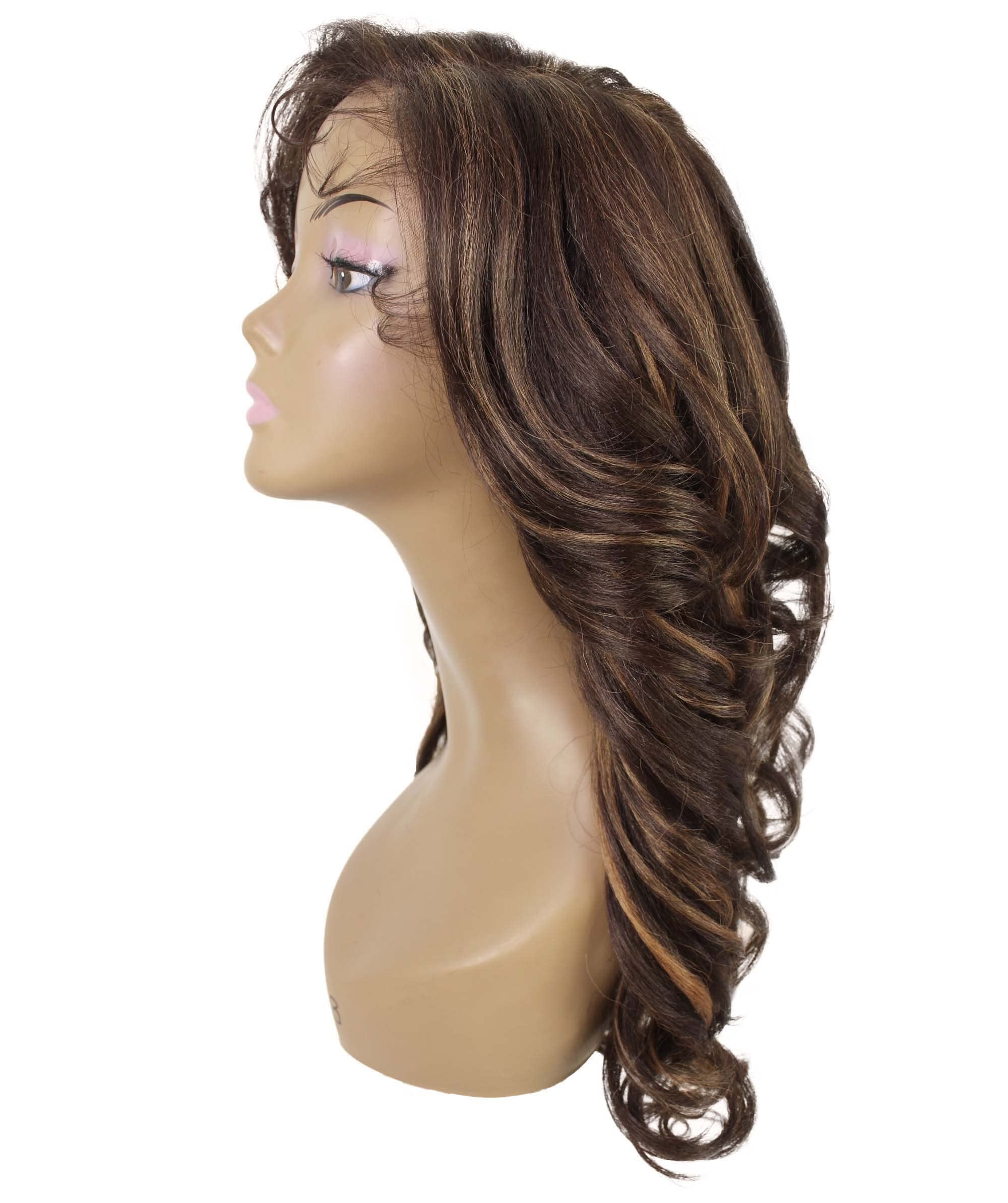 LUXLUXE Nia Wavy Glamour 20 in Long T Part Lace Front Wig, Heat Resistant Fibers, Dip Dyed, & Blended Brown with Golden Highlights Colors
